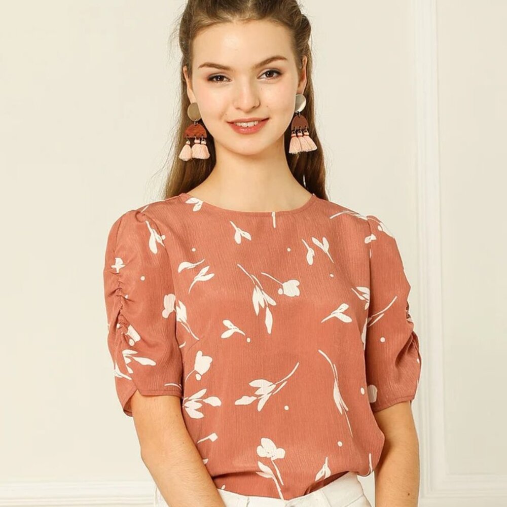 Coral Floral Crew Neck Casual Shirred Short Sleeve Blouse